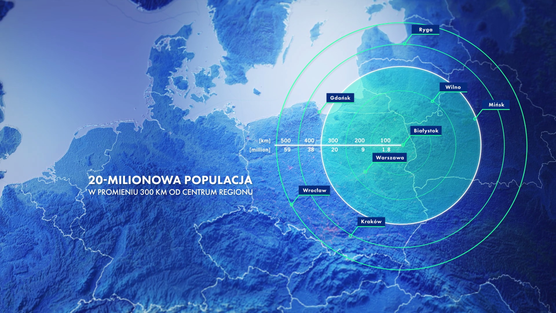 Mapa prezentująca liczbę ludności w promieniu 500 kilometrów od Białegostoku.