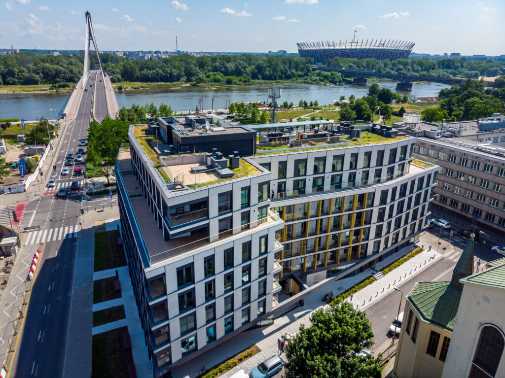 Apartamenty Powiśle w Warszawie widok z góry, w tle stadion narodowy
