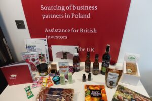 stoisko promocyjne z regionalnymi produktami podczas misji podlaskich przedsiębiorców w Londynie