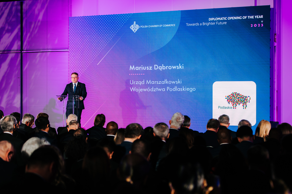 Dyrektor Mariusz Dąbrowski przemawia na scenie do uczestników Dyplomatycznego Otwarcia Roku 2023